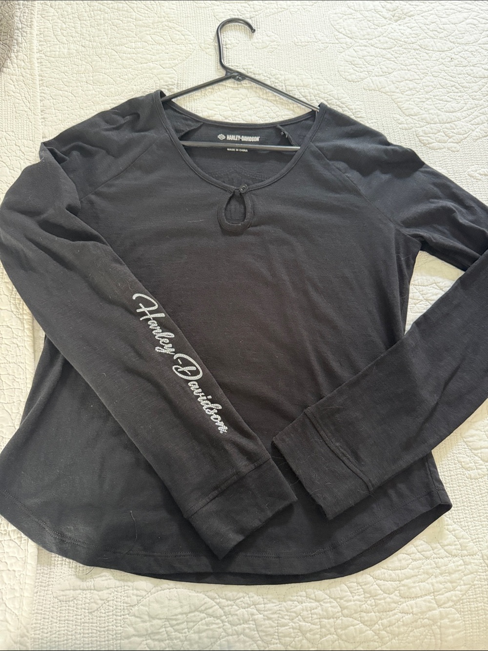 Harley-Davidson Black Women's Long-Sleeve Keyhole Tee with Sleeve Script